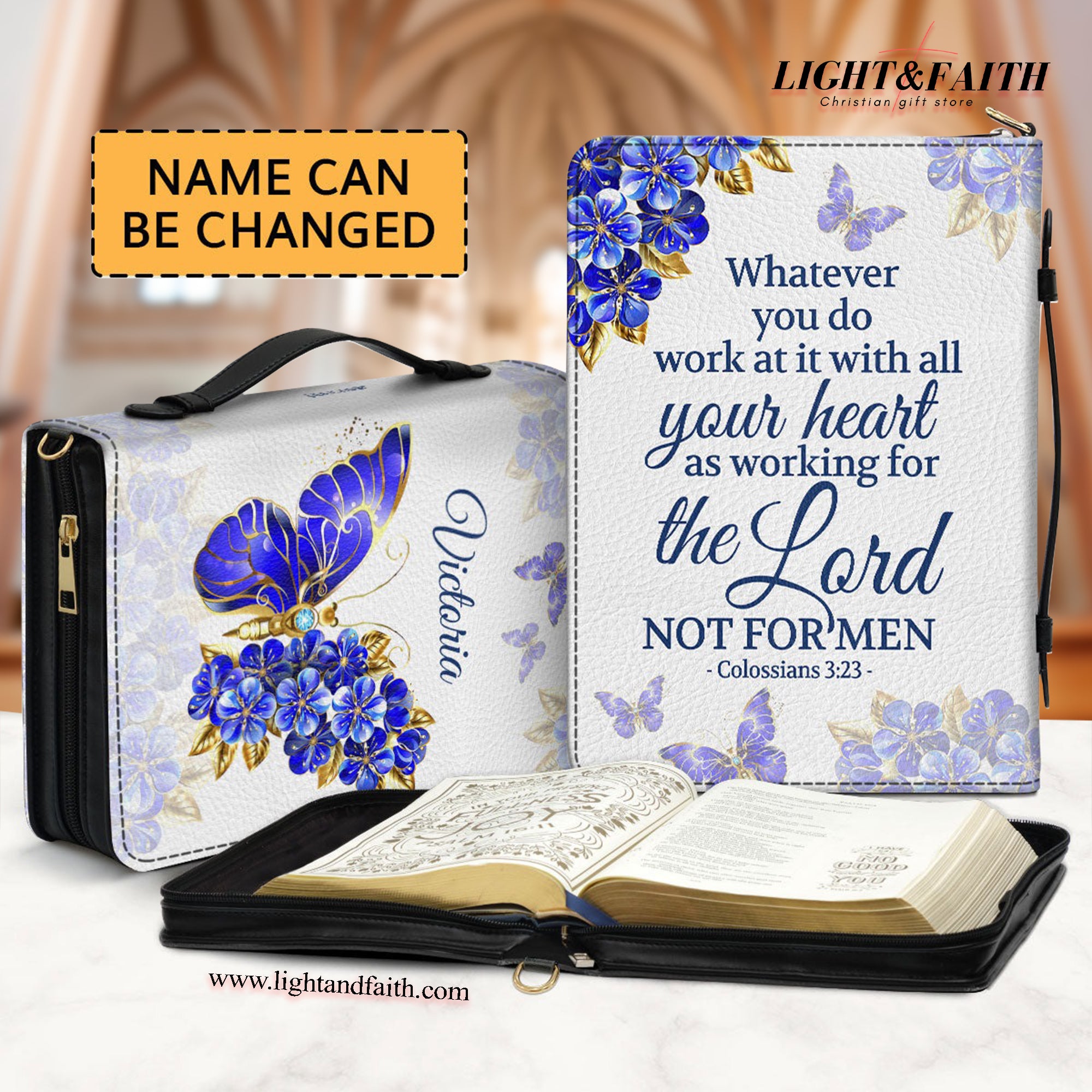 Colossians 3:23 - Butterfly And Flower Leather Book Cover, Christian Inspirational Gifts For Prayers ,Personalized Zippered Bible Cover With Handle